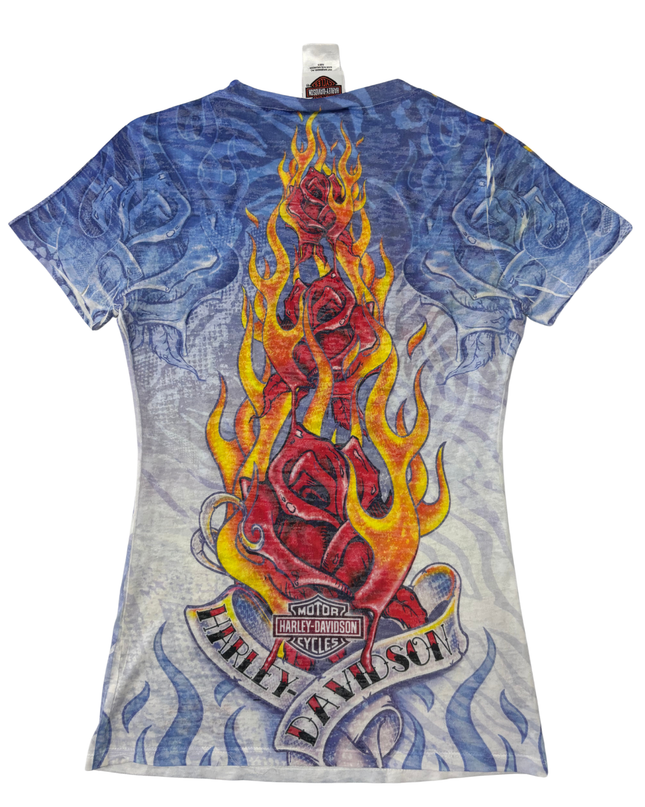 Harley-Davidson Y2K Blue All-Over Flaming Rose Tattoo Print Fitted T-Shirt