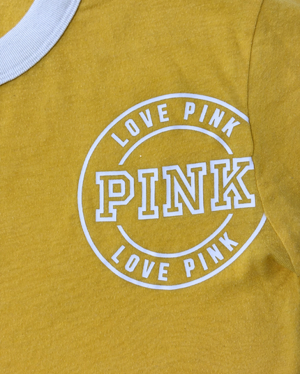 PINK by Victoria's Secret Logo Ringer Mustard Yellow Cotton T-Shirt