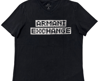 Armani Exchange Black V-Neck with Metallic Grid Print Logo T-Shirt