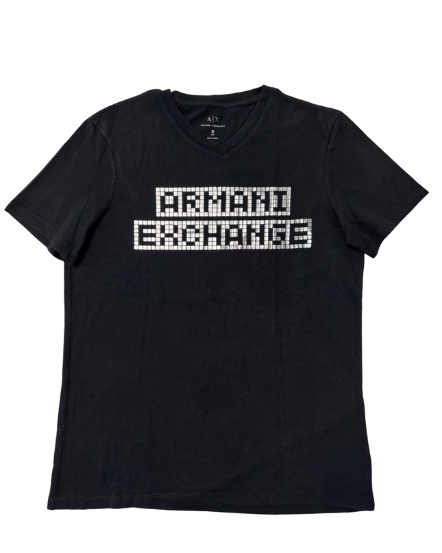 Armani Exchange Black V-Neck with Metallic Grid Print Logo T-Shirt