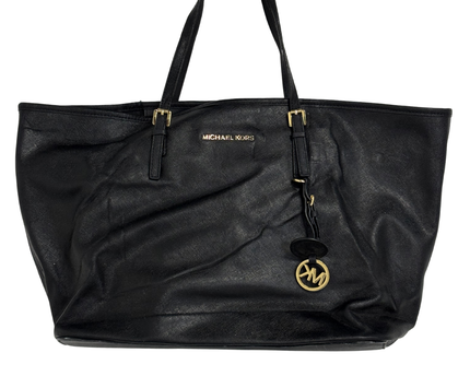 Michael Kors Large Gold MK Charm Jet Set Black Saffiano Leather Tote Bag