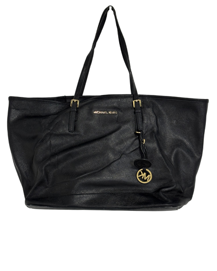 Michael Kors Large Gold MK Charm Jet Set Black Saffiano Leather Tote Bag