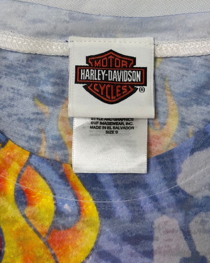 Harley-Davidson Y2K Blue All-Over Flaming Rose Tattoo Print Fitted T-Shirt