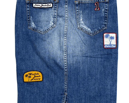 Zara Woman Premium Patchwork Badge Mid-Wash Denim Skirt