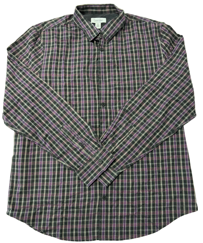 Calvin Klein Purple & Green Plaid Long Sleeve Cotton Shirt