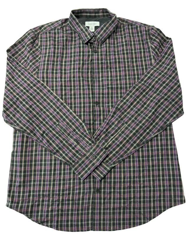 Calvin Klein Purple & Green Plaid Long Sleeve Cotton Shirt