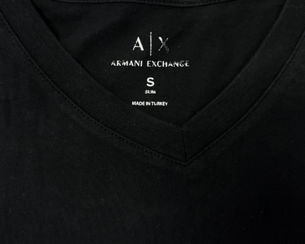 Armani Exchange Black V-Neck with Metallic Grid Print Logo T-Shirt