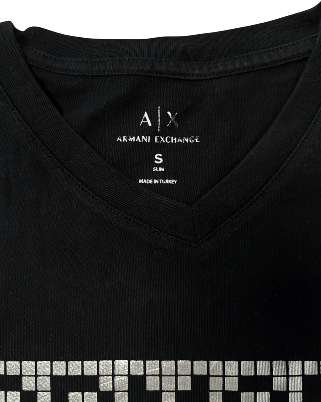 Armani Exchange Black V-Neck with Metallic Grid Print Logo T-Shirt