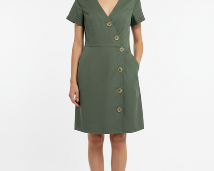 Reserved Olive Green Short Sleeve Button-Down Mini Dress