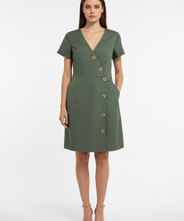 Reserved Olive Green Short Sleeve Button-Down Mini Dress