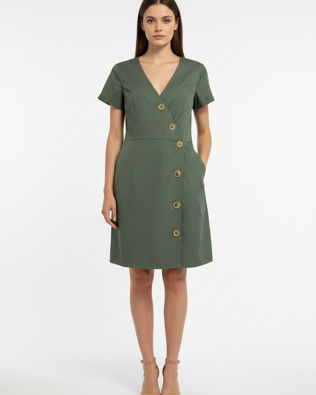 Reserved Olive Green Short Sleeve Button-Down Mini Dress