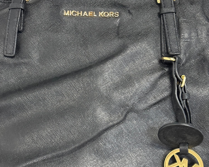 Michael Kors Large Gold MK Charm Jet Set Black Saffiano Leather Tote Bag