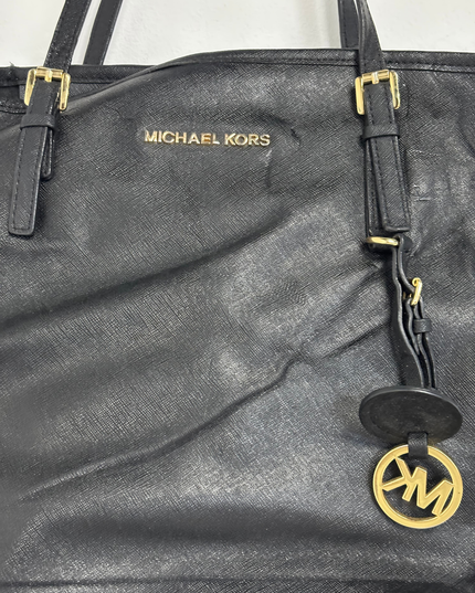 Michael Kors Large Gold MK Charm Jet Set Black Saffiano Leather Tote Bag