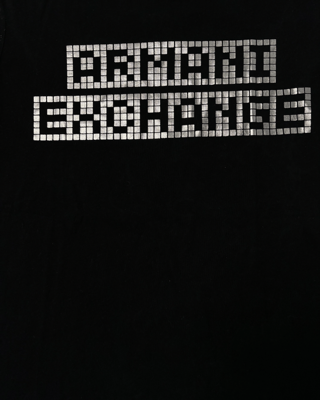 Armani Exchange Black V-Neck with Metallic Grid Print Logo T-Shirt