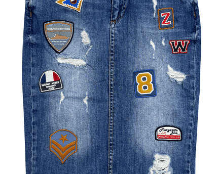 Zara Woman Premium Patchwork Badge Mid-Wash Denim Skirt
