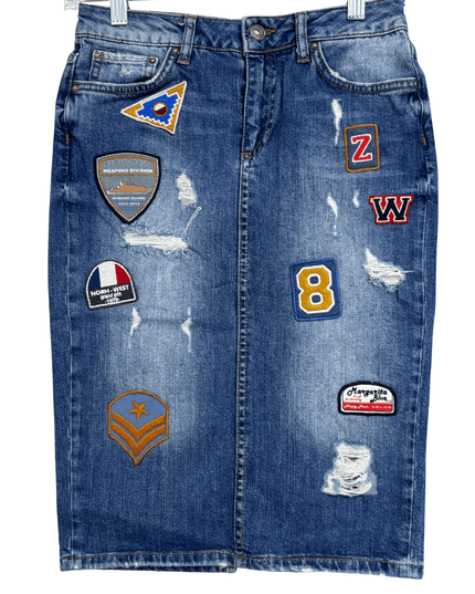 Zara Woman Premium Patchwork Badge Mid-Wash Denim Skirt