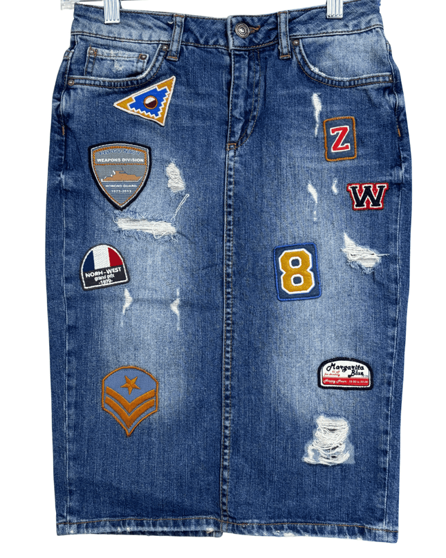 Zara Woman Premium Patchwork Badge Mid-Wash Denim Skirt