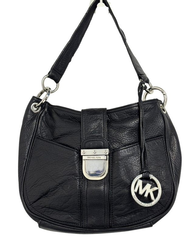 MICHAEL KORS Black Pebbled Leather Silver Buckle & MK Charm Hobo Bag
