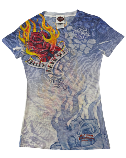 Harley-Davidson Y2K Blue All-Over Flaming Rose Tattoo Print Fitted T-Shirt
