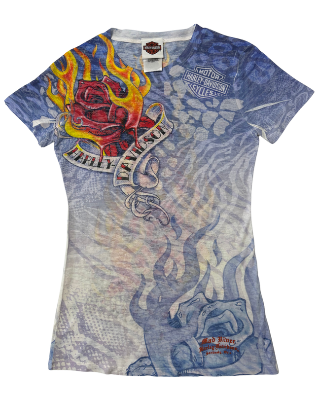 Harley-Davidson Y2K Blue All-Over Flaming Rose Tattoo Print Fitted T-Shirt