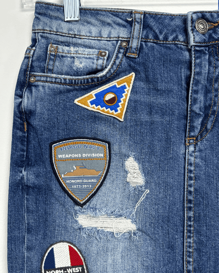 Zara Woman Premium Patchwork Badge Mid-Wash Denim Skirt