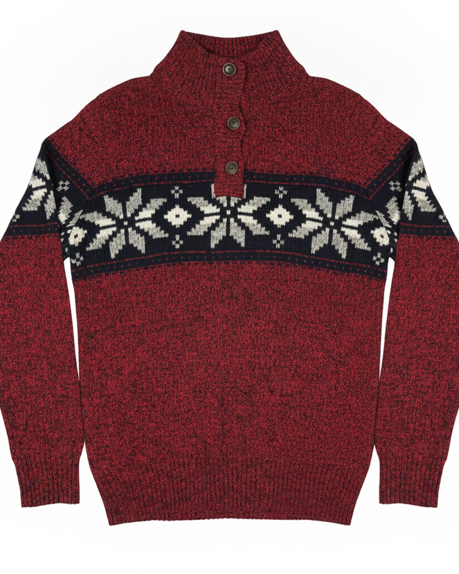 American Eagle Outfitters Red Fair Isle Button Mock Neck Sweater