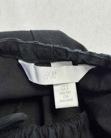 H&M Black Lyocell-Linen Puff Sleeve Tie-Neck Dress