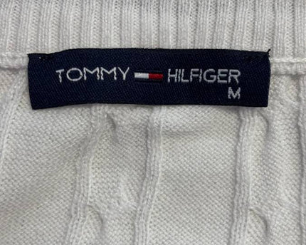 Tommy Hilfiger White V-Neck Cable Knit Tennis Sweater