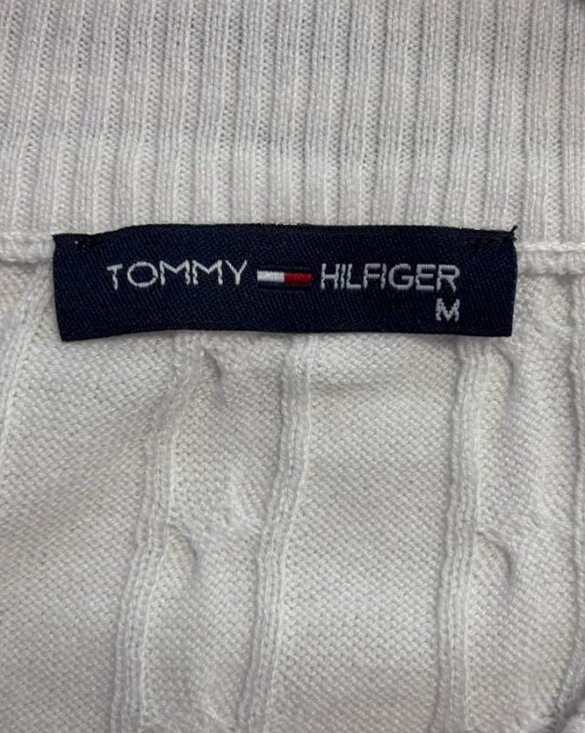 Tommy Hilfiger White V-Neck Cable Knit Tennis Sweater