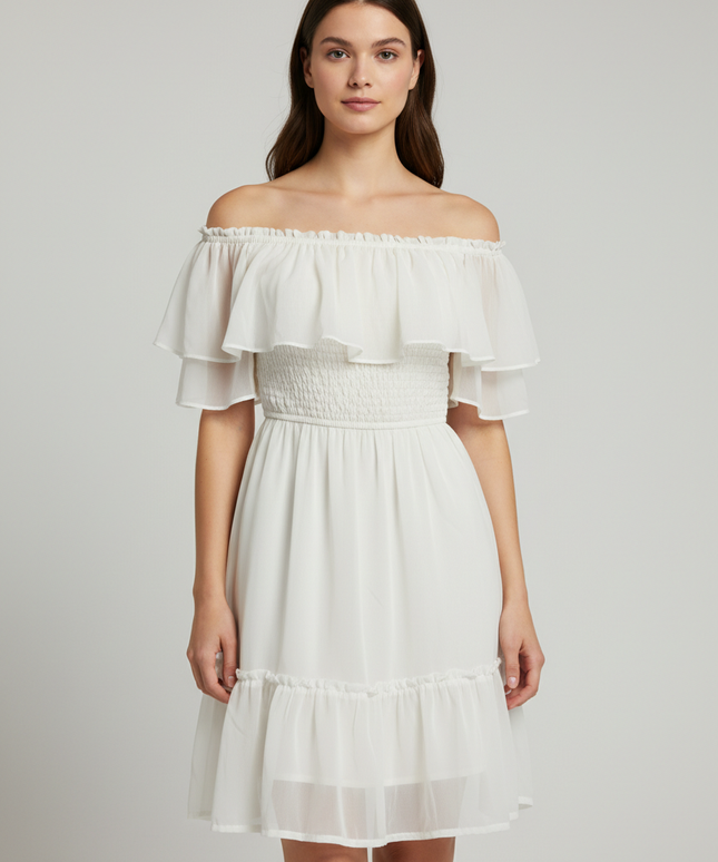 Hollister White Ruffle Smocked Off-The-Shoulder Mini Dress