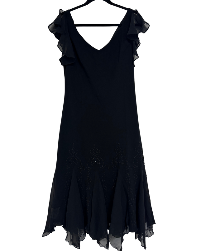 Dressbarn Collection Beaded Chiffon Ruffle Handkerchief Hem Dress - M