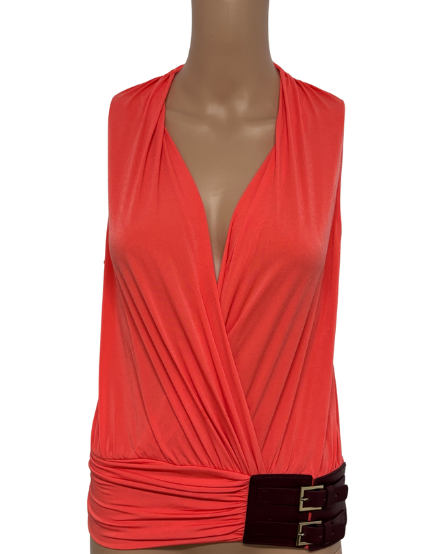 Marciano Coral Ruched Sleeveless Corset Buckle Waist Wrap Top