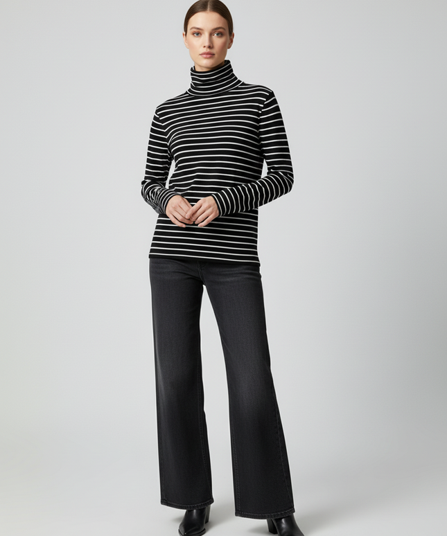 H&M Black/White Striped Turtleneck Long Sleeve Top