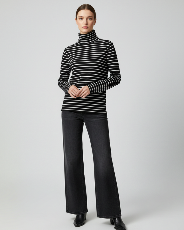 H&M Black/White Striped Turtleneck Long Sleeve Top