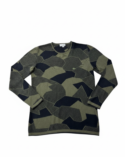 Lacoste Olive/Navy Geometric Pattern Slim Fit Cotton Sweater