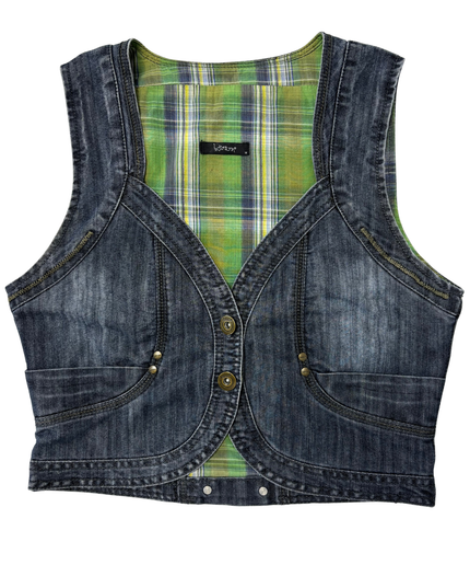 Intown Washed Denim Cropped Vest with Green Plaid Lining