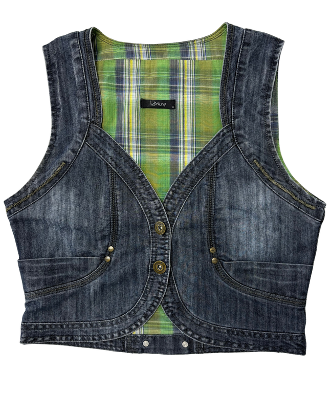 Intown Washed Denim Cropped Vest with Green Plaid Lining
