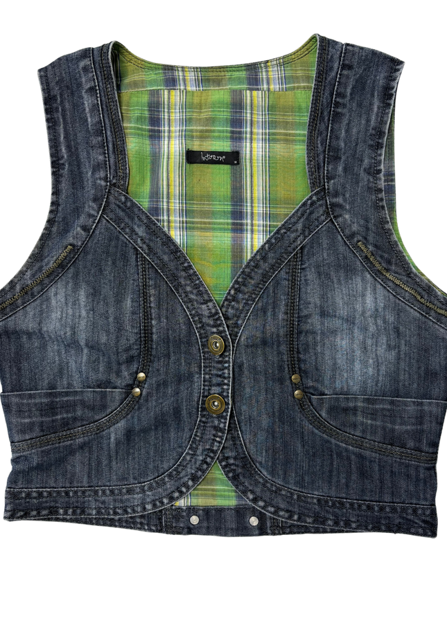Intown Washed Denim Cropped Vest with Green Plaid Lining