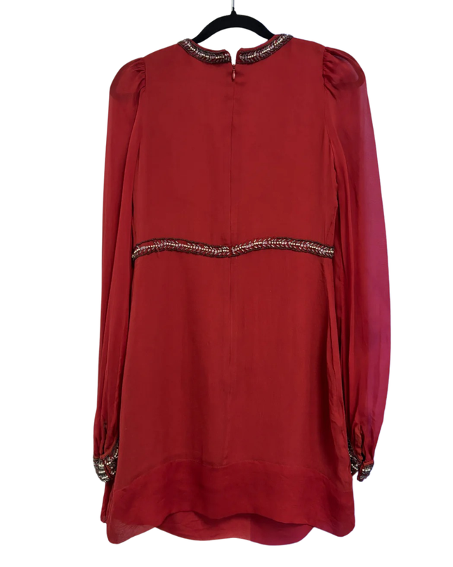 French Connection Red Silk Beaded V-Neck Mini Dress