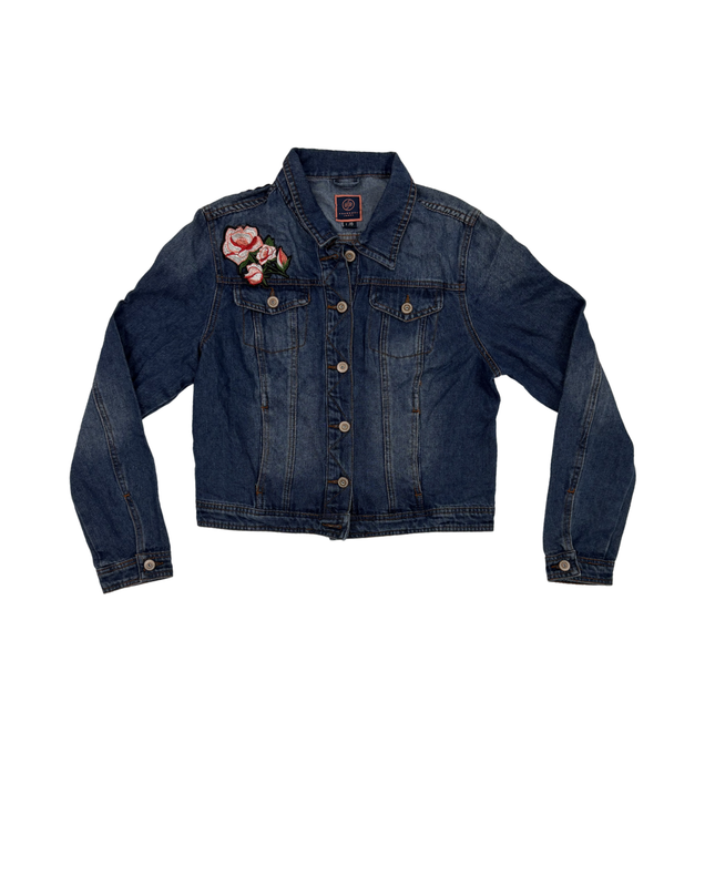 Boom Boom Jeans Rose Appliqué Embroidered Blue Denim Jacket - M