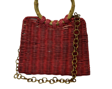 ZARA Red Woven Basket Bag with Bamboo Handles
