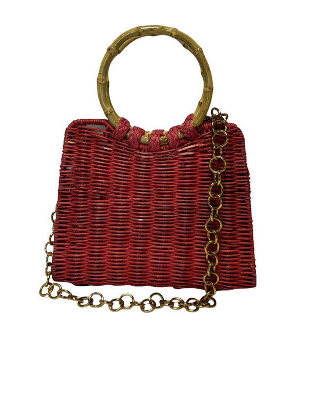 ZARA Red Woven Basket Bag with Bamboo Handles