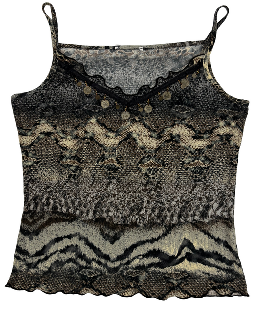 Vintage Snake Print Lace Trim Coin Detail Cami Top - XS
