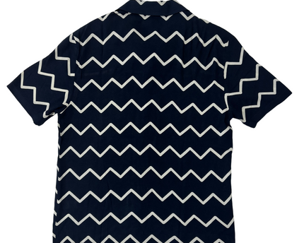 River Island Navy Blue Zig-Zag Print Cuban Collar Short Sleeve Shirt - M