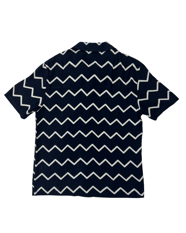 River Island Navy Blue Zig-Zag Print Cuban Collar Short Sleeve Shirt - M