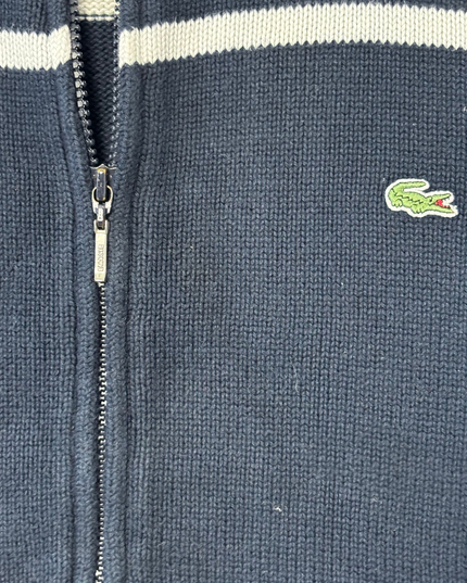 Lacoste Navy Blue Striped Full-Zip Cotton Knit Sweater