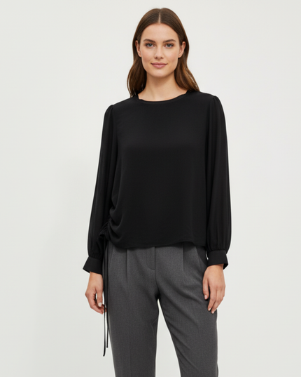 Zara Classic Black Sheer Long Sleeve Drawstring Blouse
