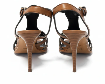 Coach Brown Izzy Leather Woven T-Strap Stiletto Sandals