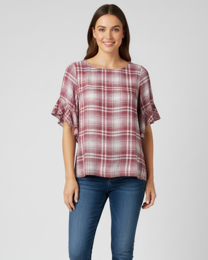 Chaps Red & White Plaid Ruffle Sleeve Blouse