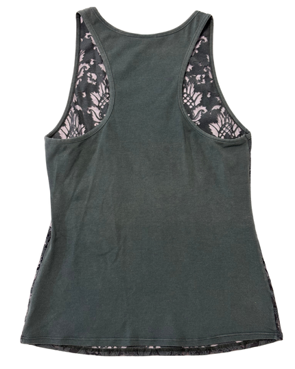 Parah Dark Olive Green Sheer Velvet Patterned Tank Top